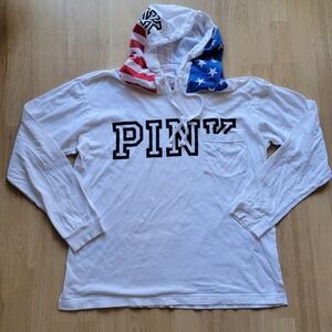 Victoria's Secret PINK Womens White American Flag Hooded Long Sleeve Tee Size L